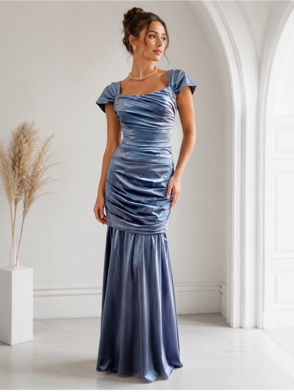 THEIA Blue Ruched Puff Sleeve Maxi Gown